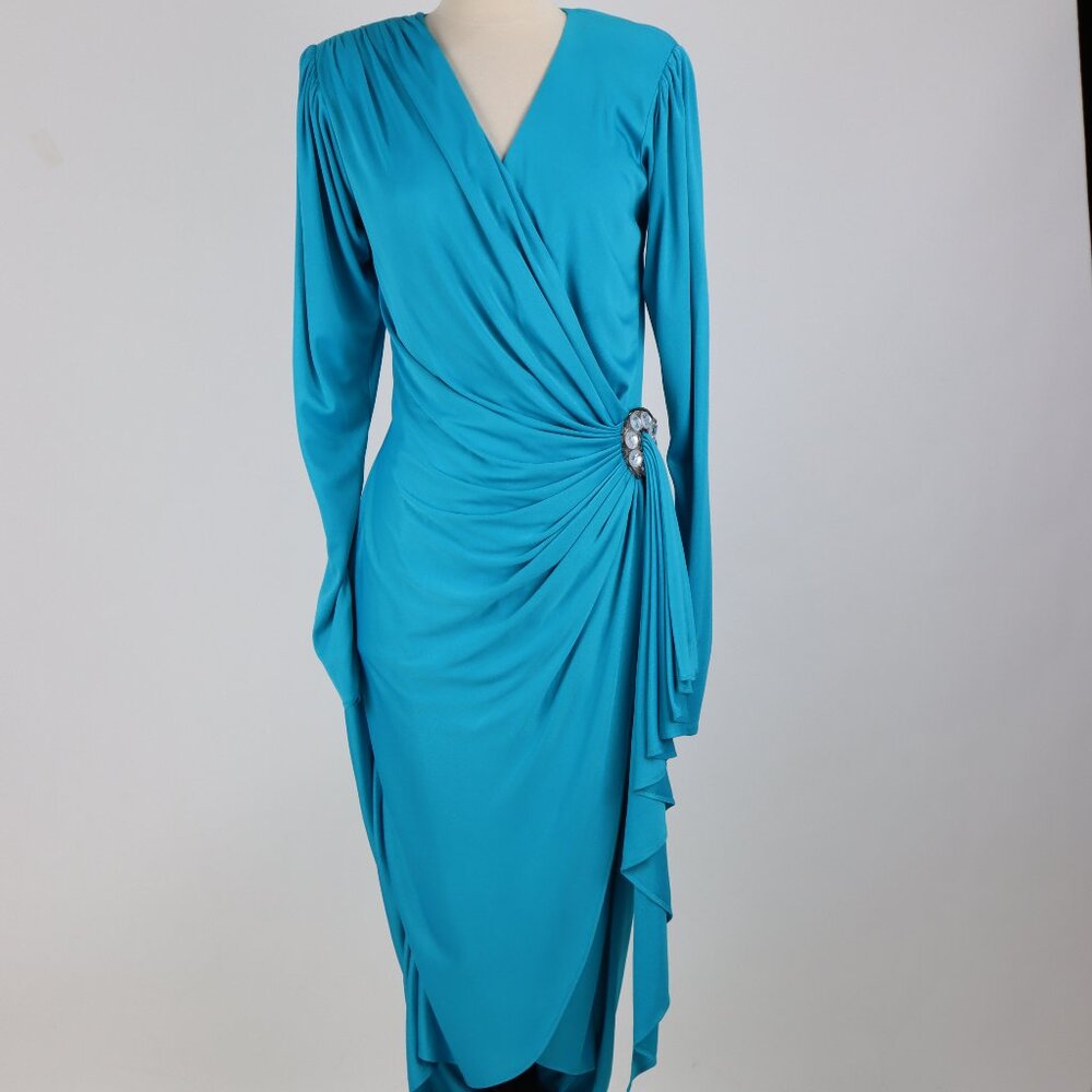 🌺 Vintage 80's Tadashi Teal Rhinestones Wrap Dress Party Cocktail Formal Gown